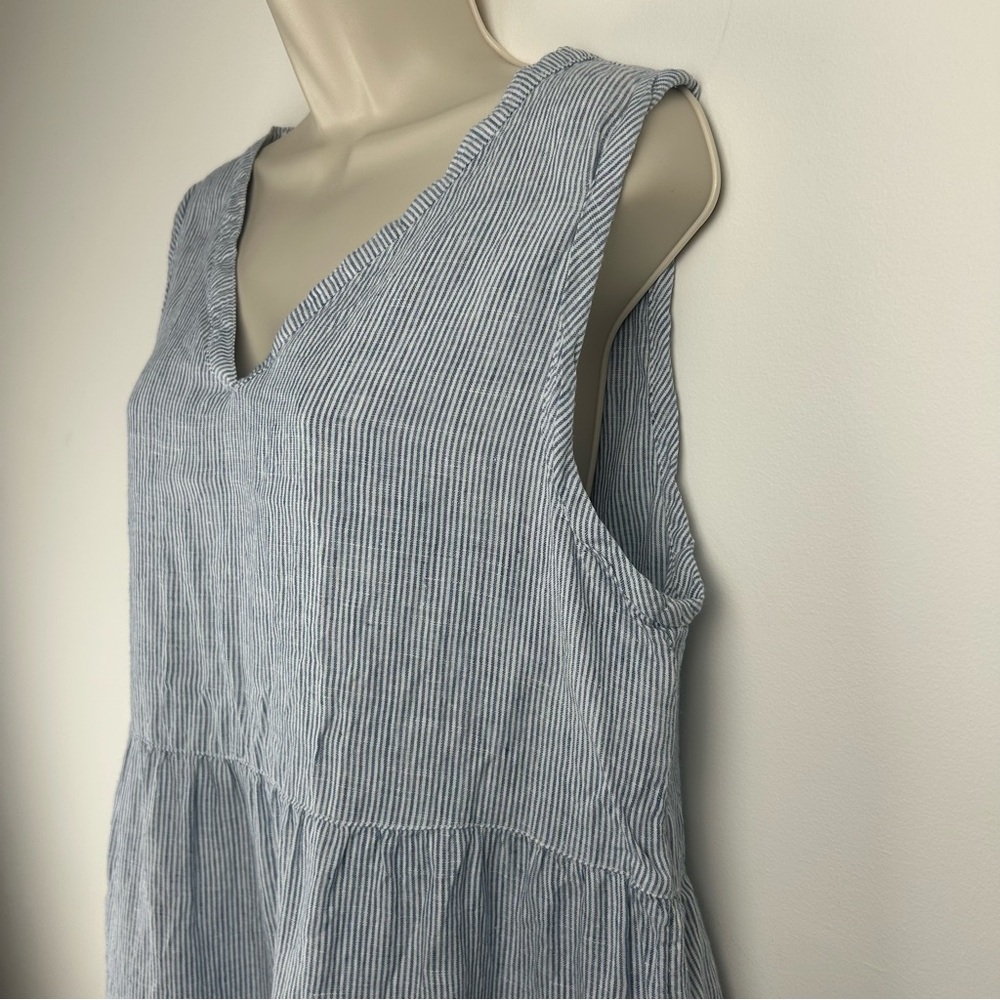 Lucky Brand Blue Striped V Neck Asymmetrical Tiered Linen Dress sz XL Coastal - Picture 6 of 14